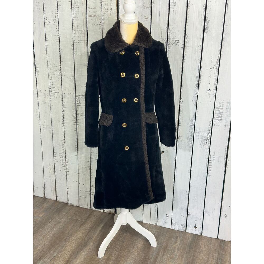 Vintage 70s Fingerhut Fashions Faux Fur Penny Lane Coat Black Double Breasted